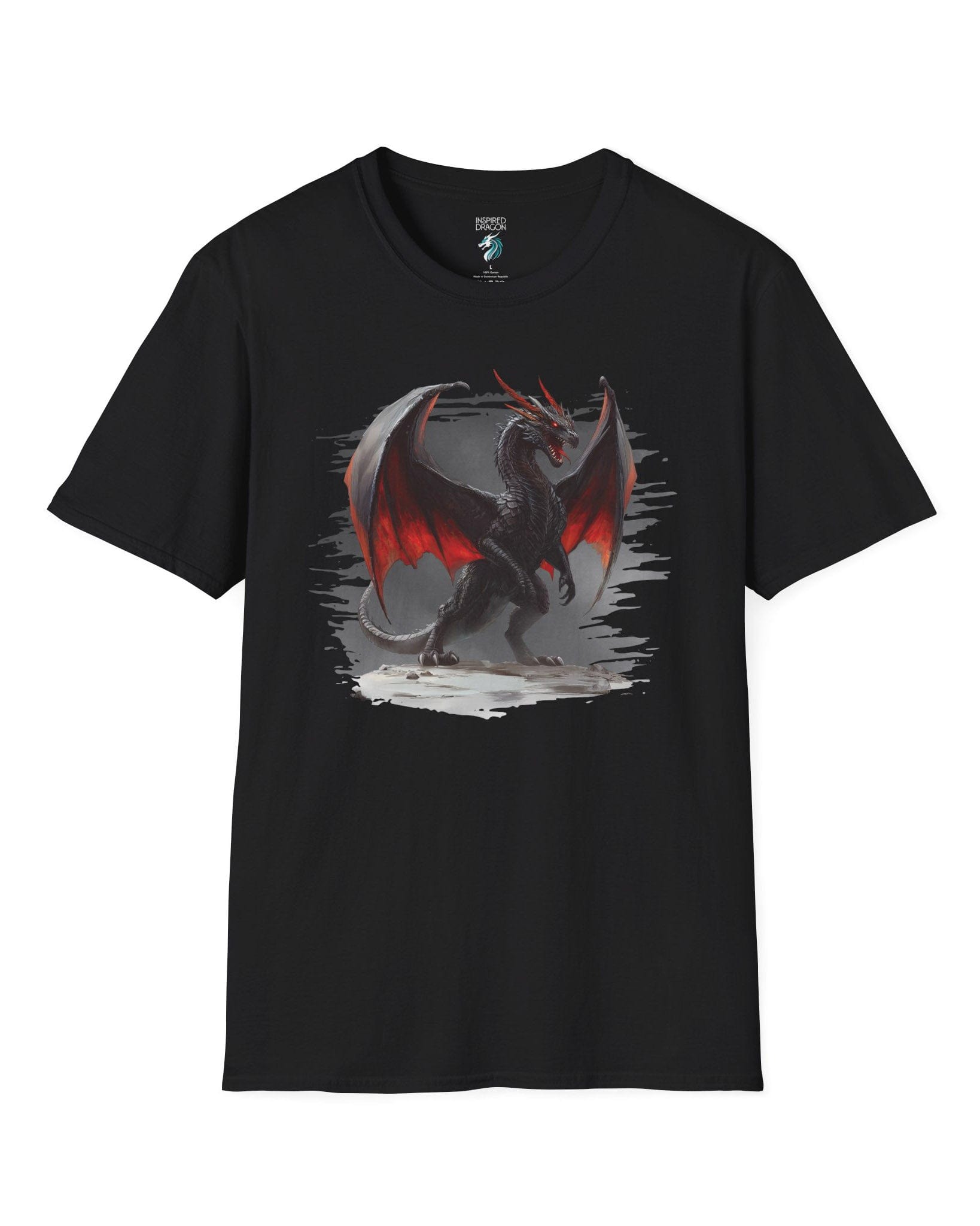 The Obsidian Tyrant shirt in black, featuring a fierce black dragon with glowing red wings and blazing eyes.
