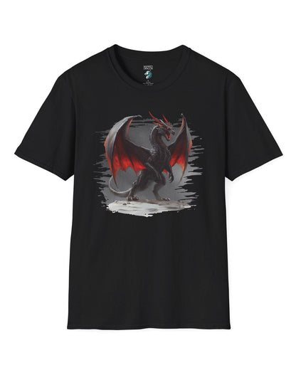 The Obsidian Tyrant shirt in black, featuring a fierce black dragon with glowing red wings and blazing eyes.
