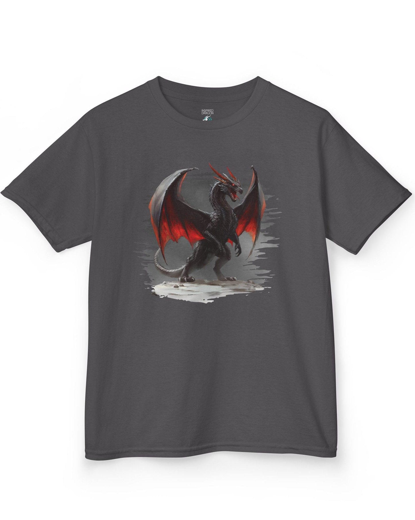 The Obsidian Tyrant shirt in charcoal, featuring a fierce black dragon with glowing red wings and blazing eyes.