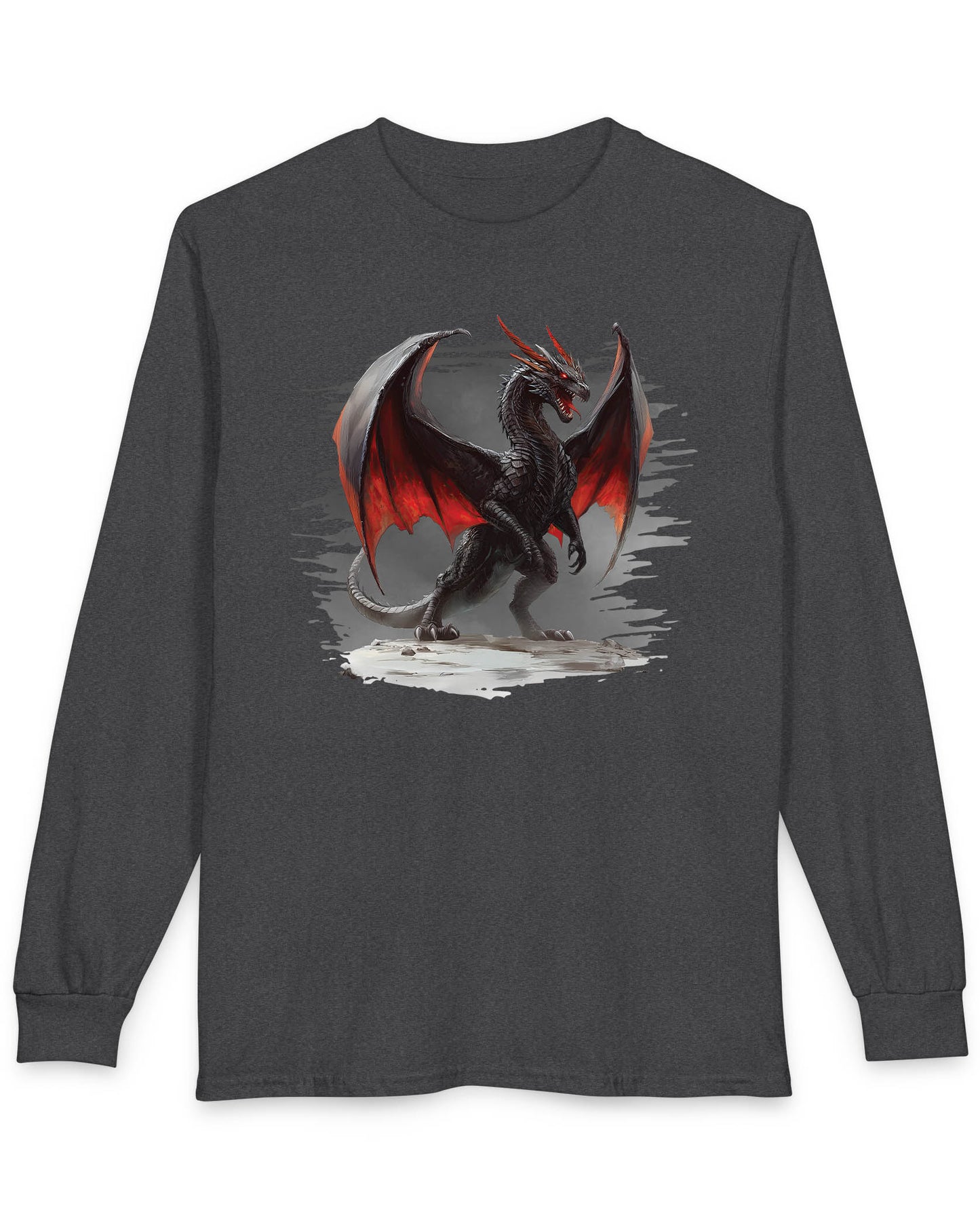The Obsidian Tyrant shirt in dark heather featuring a fierce black dragon with glowing red wings and blazing eyes
