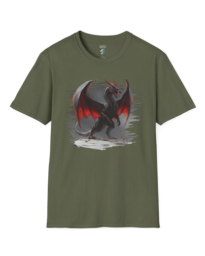 The Obsidian Tyrant shirt in military green, featuring a fierce black dragon with glowing red wings and blazing eyes.
