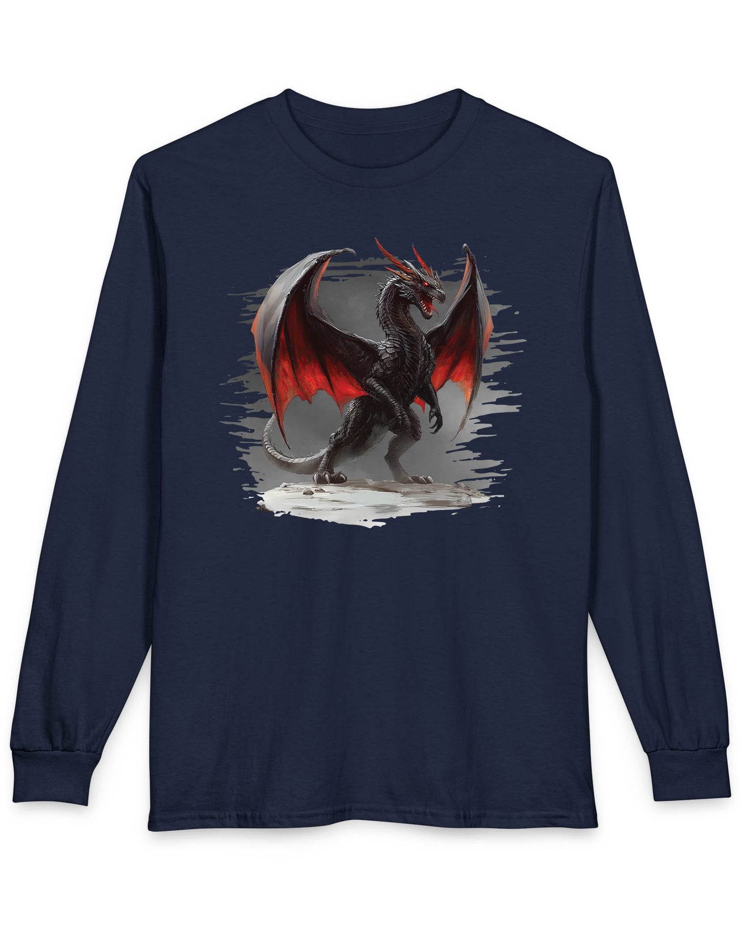 The Obsidian Tyrant shirt in navy featuring a fierce black dragon with glowing red wings and blazing eyes