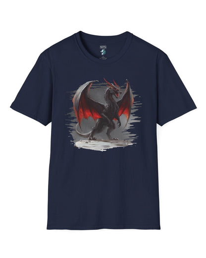 The Obsidian Tyrant shirt in navy, featuring a fierce black dragon with glowing red wings and blazing eyes.
