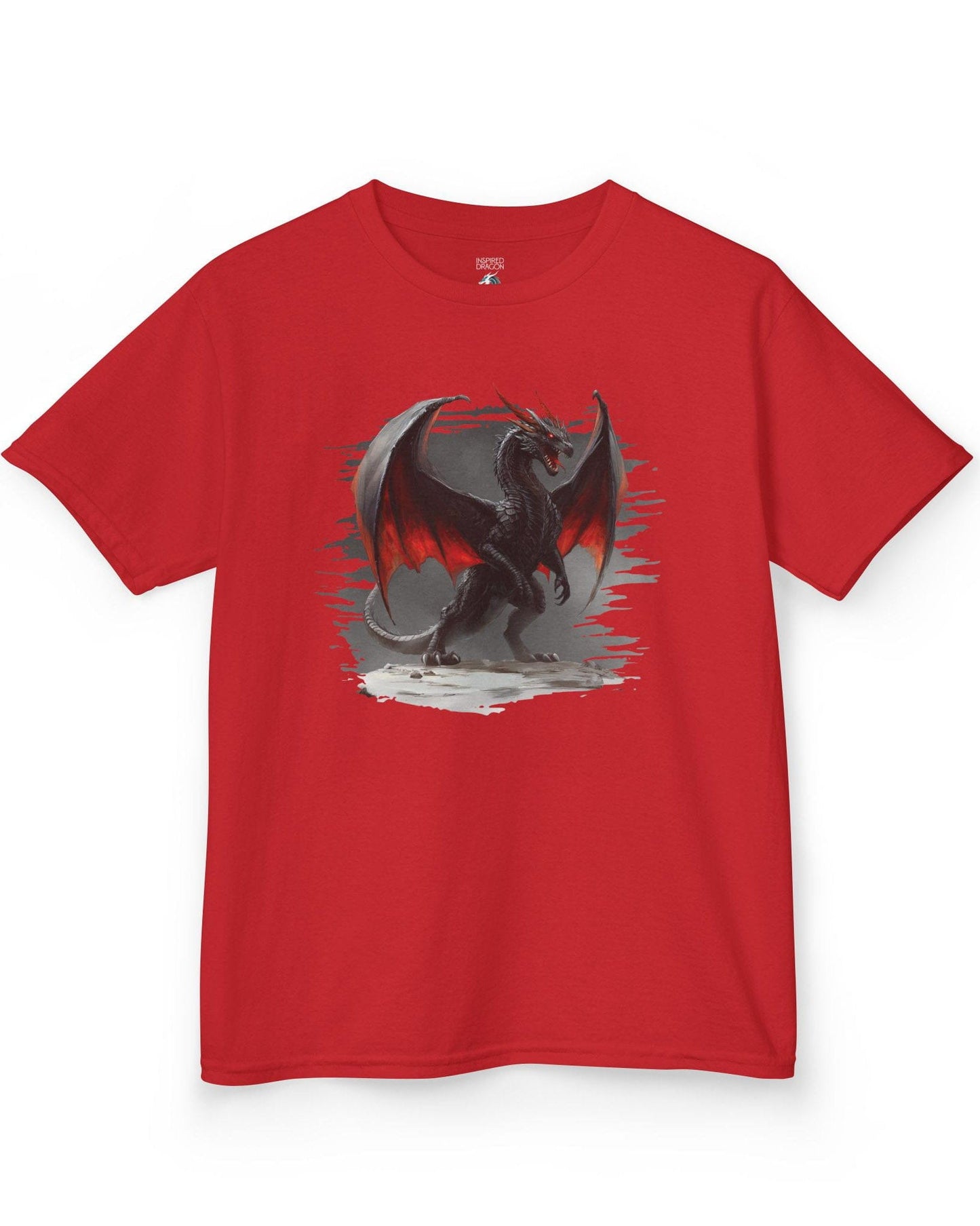 The Obsidian Tyrant shirt in red, featuring a fierce black dragon with glowing red wings and blazing eyes.