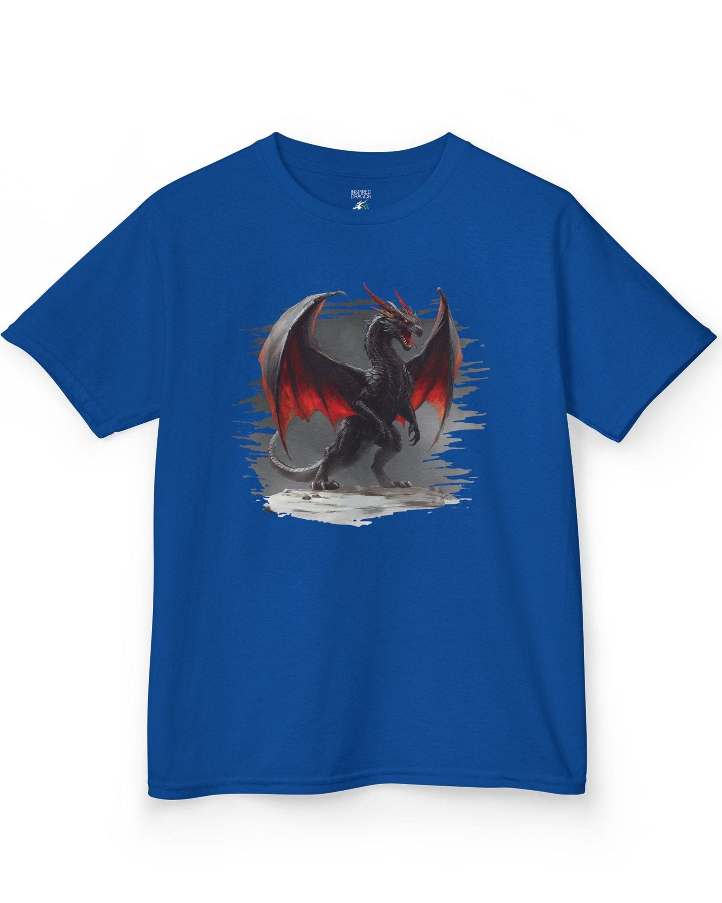 The Obsidian Tyrant shirt in royal blue, featuring a fierce black dragon with glowing red wings and blazing eyes.