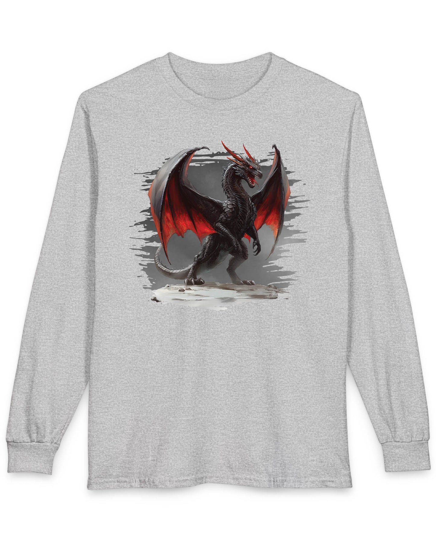 The Obsidian Tyrant shirt in sport grey featuring a fierce black dragon with glowing red wings and blazing eyes