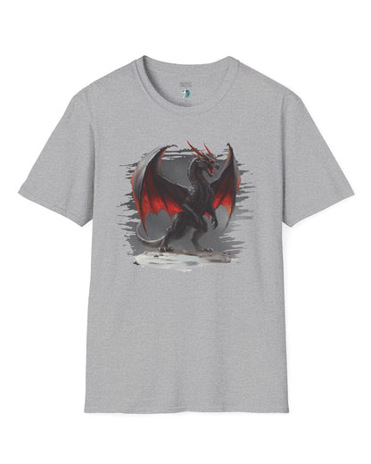 The Obsidian Tyrant shirt in sport grey, featuring a fierce black dragon with glowing red wings and blazing eyes.
