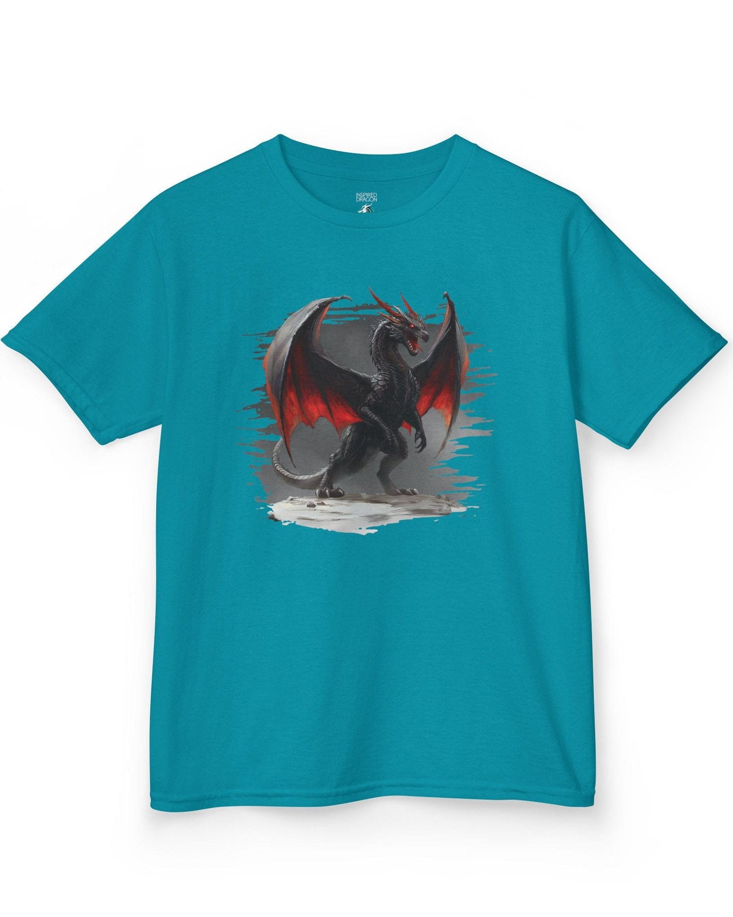 The Obsidian Tyrant shirt in tropical blue, featuring a fierce black dragon with glowing red wings and blazing eyes.