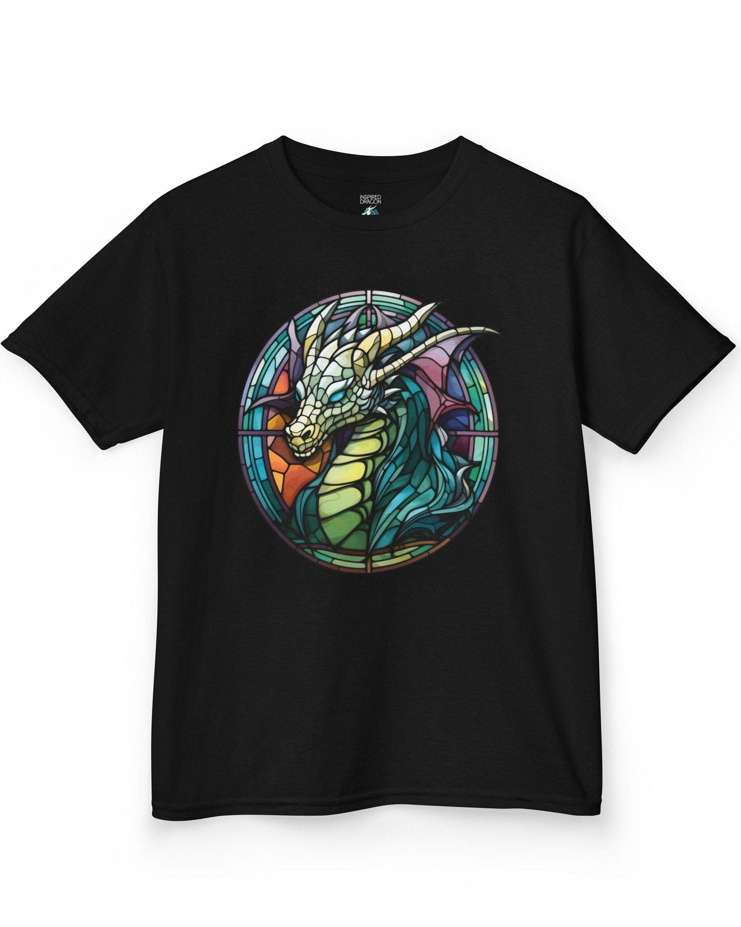Scaled Luminance shirt in black featuring a dragon in a stained-glass style with turquoise and violet tones.