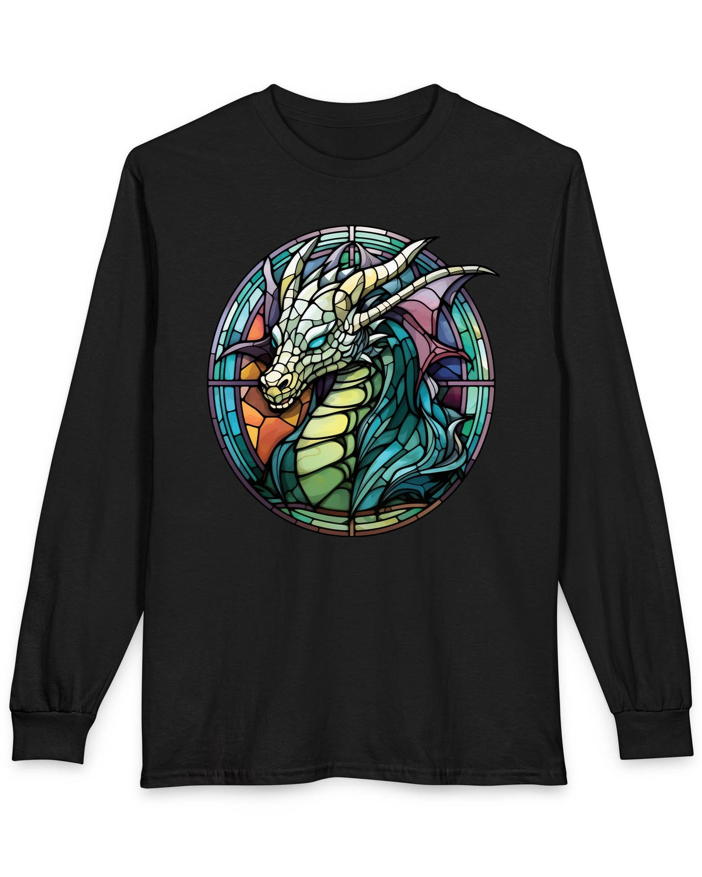 Scaled Luminance shirt in black featuring a dragon in a stained-glass style with turquoise and violet tones