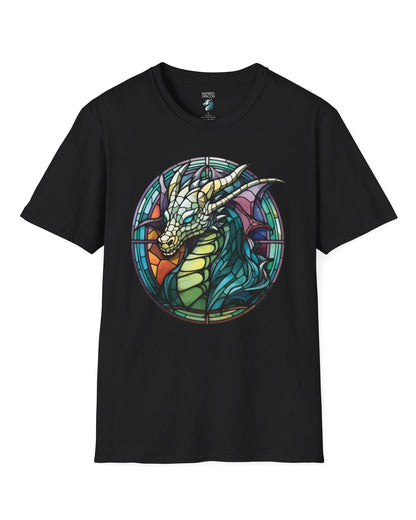 Scaled Luminance shirt in black featuring a dragon in a stained-glass style with turquoise and violet tones.
