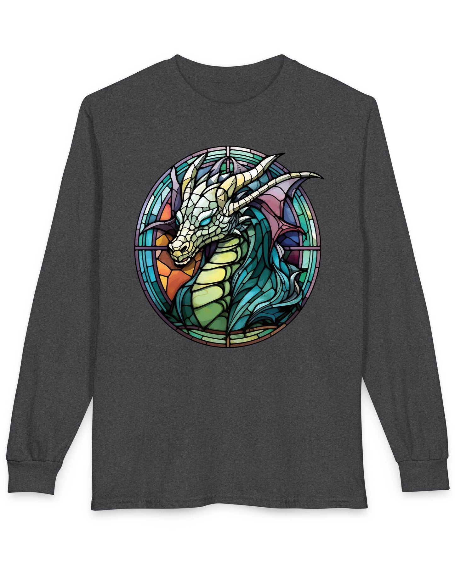 Scaled Luminance shirt in dark heather featuring a dragon in a stained-glass style with turquoise and violet tones