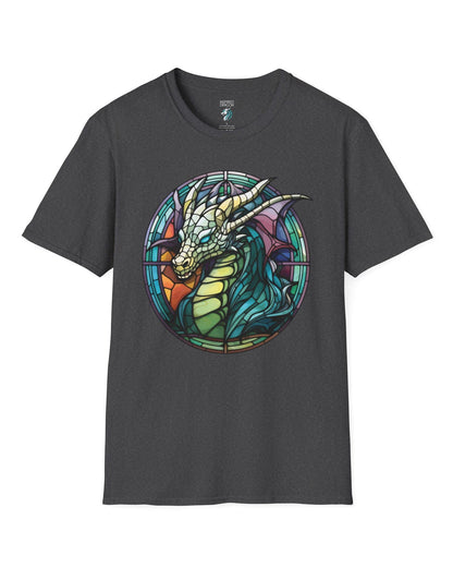 Scaled Luminance shirt in dark heather grey featuring a dragon in a stained-glass style with turquoise and violet tones.
