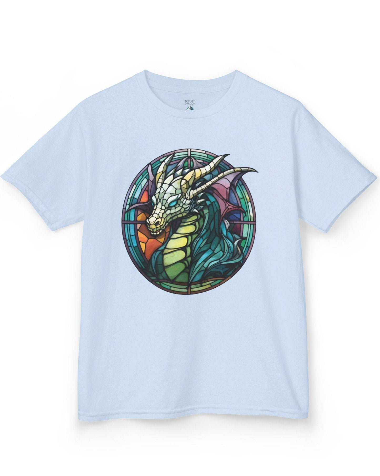 Scaled Luminance shirt in light blue featuring a dragon in a stained-glass style with turquoise and violet tones.