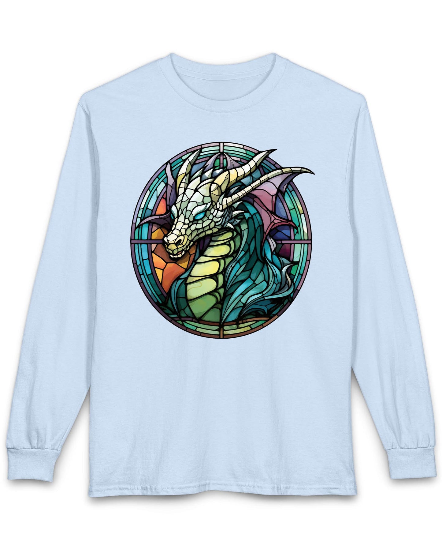 Scaled Luminance shirt in light blue featuring a dragon in a stained-glass style with turquoise and violet tones