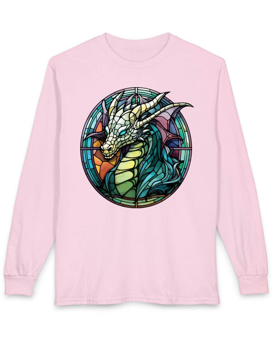 Scaled Luminance shirt in light pink featuring a dragon in a stained-glass style with turquoise and violet tones