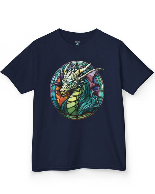Scaled Luminance shirt in navy featuring a dragon in a stained-glass style with turquoise and violet tones.