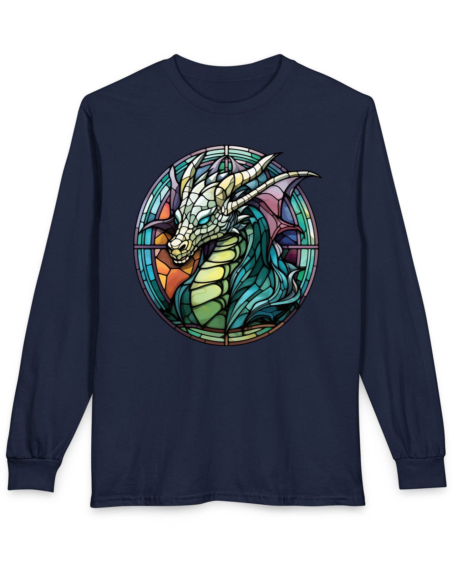 Scaled Luminance shirt in navy featuring a dragon in a stained-glass style with turquoise and violet tones