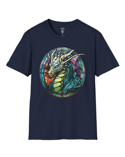 Scaled Luminance shirt in navy featuring a dragon in a stained-glass style with turquoise and violet tones.
