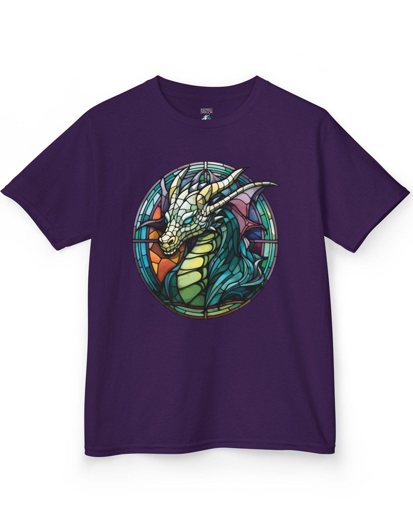 Scaled Luminance shirt in purple featuring a dragon in a stained-glass style with turquoise and violet tones.