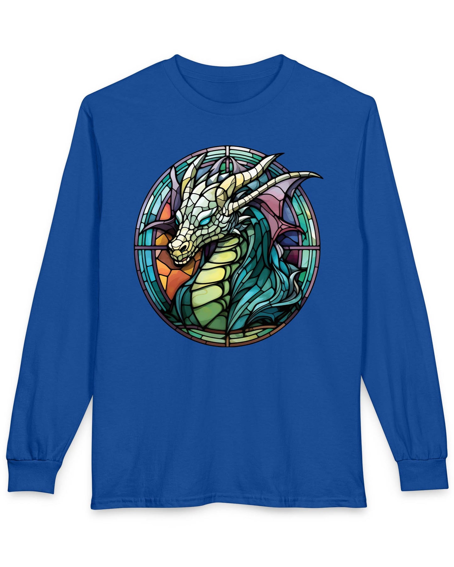 Scaled Luminance shirt in royal blue featuring a dragon in a stained-glass style with turquoise and violet tones