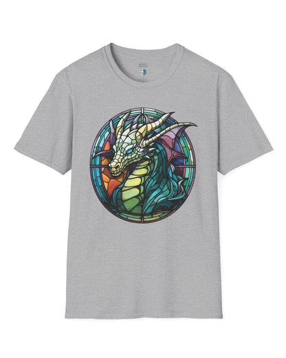Scaled Luminance shirt in sport grey featuring a dragon in a stained-glass style with turquoise and violet tones.
