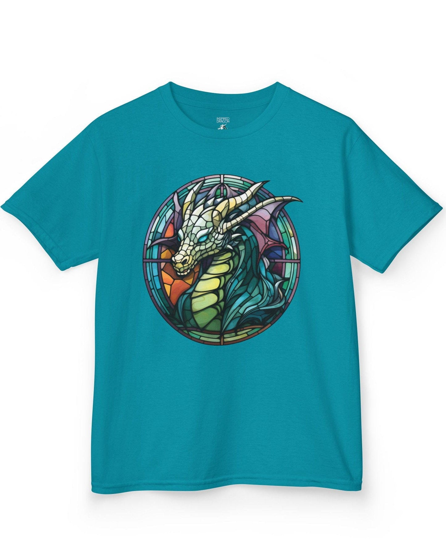 Scaled Luminance shirt in tropical blue featuring a dragon in a stained-glass style with turquoise and violet tones.