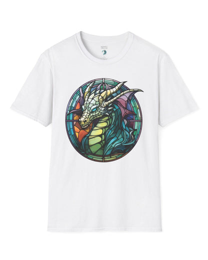 Scaled Luminance shirt in white featuring a dragon in a stained-glass style with turquoise and violet tones.
