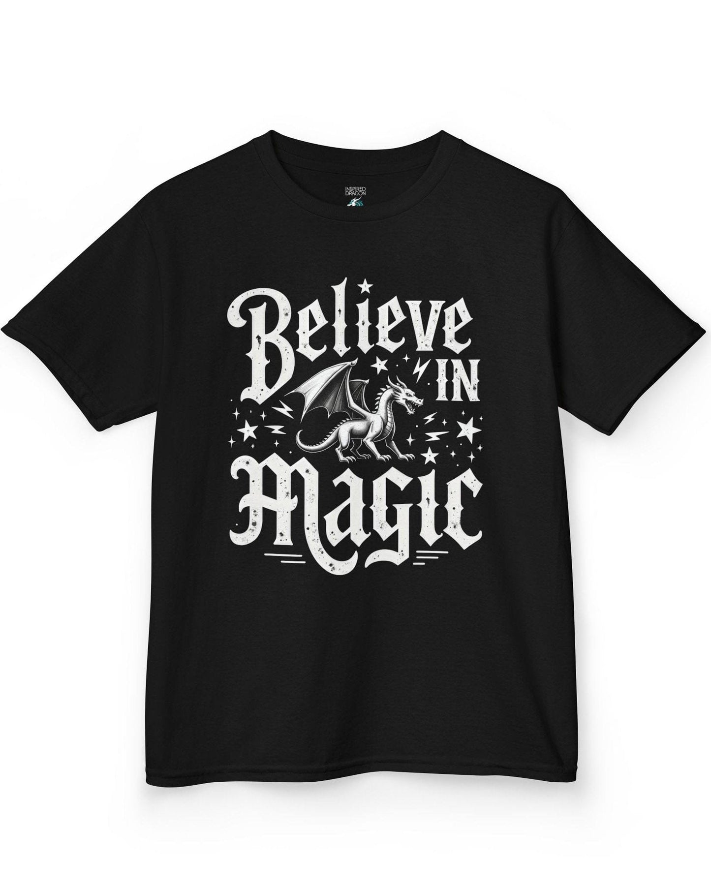 Believe in Magic shirt in black, featuring bold text and a dragon surrounded by stars and lightning bolts.