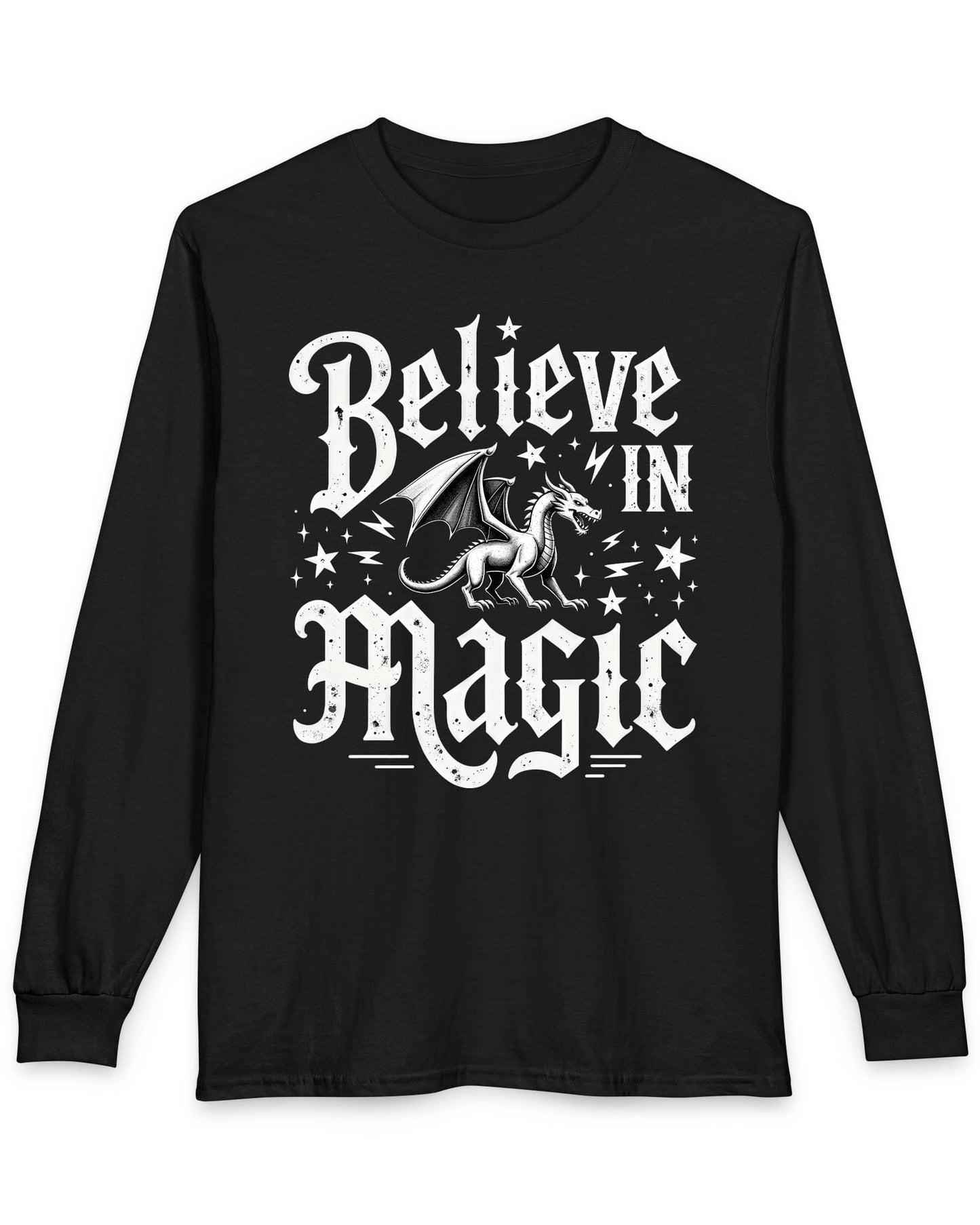 Believe in Magic shirt in black featuring bold text and a dragon surrounded by stars and lightning bolts