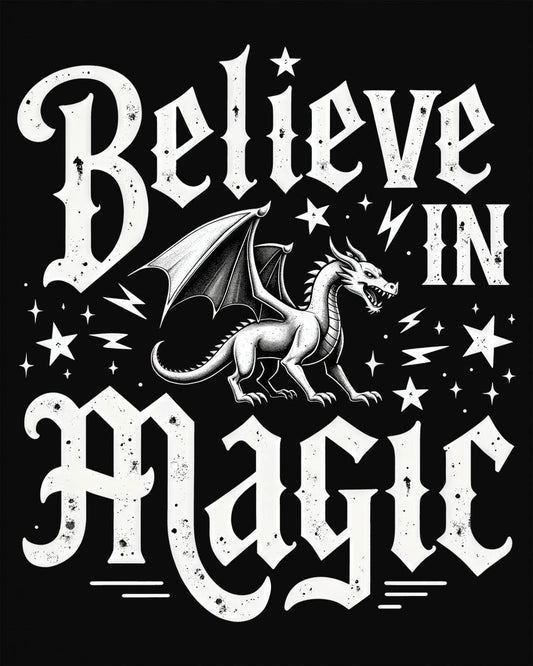 Believe in Magic shirt in black, featuring bold text and a dragon surrounded by stars and lightning bolts.