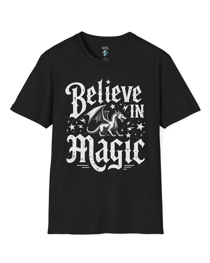 Believe in Magic shirt in black, featuring bold text and a dragon surrounded by stars and lightning bolts.
