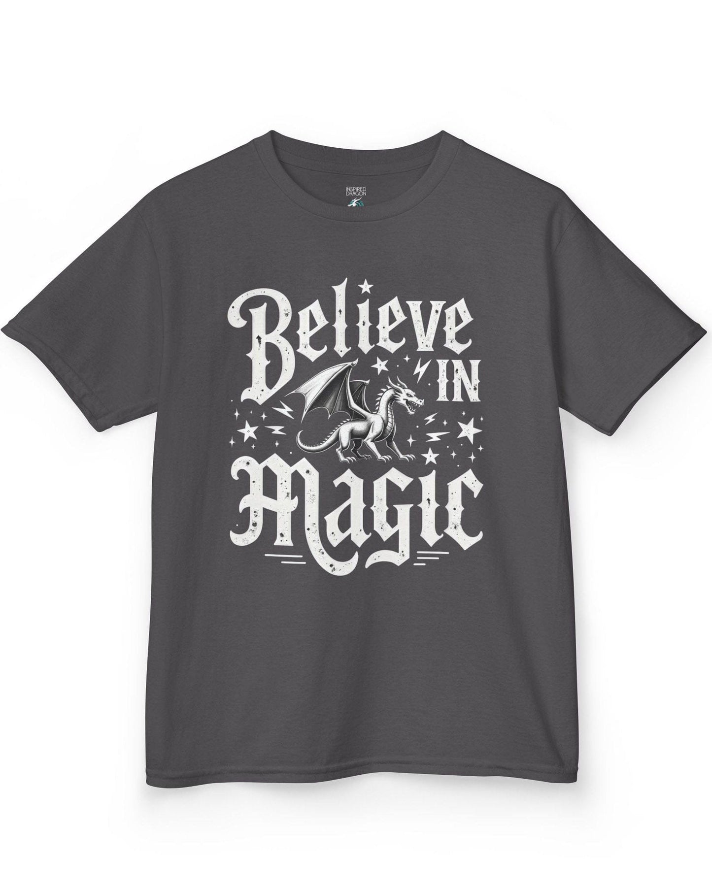Believe in Magic shirt in charcoal, featuring bold text and a dragon surrounded by stars and lightning bolts.