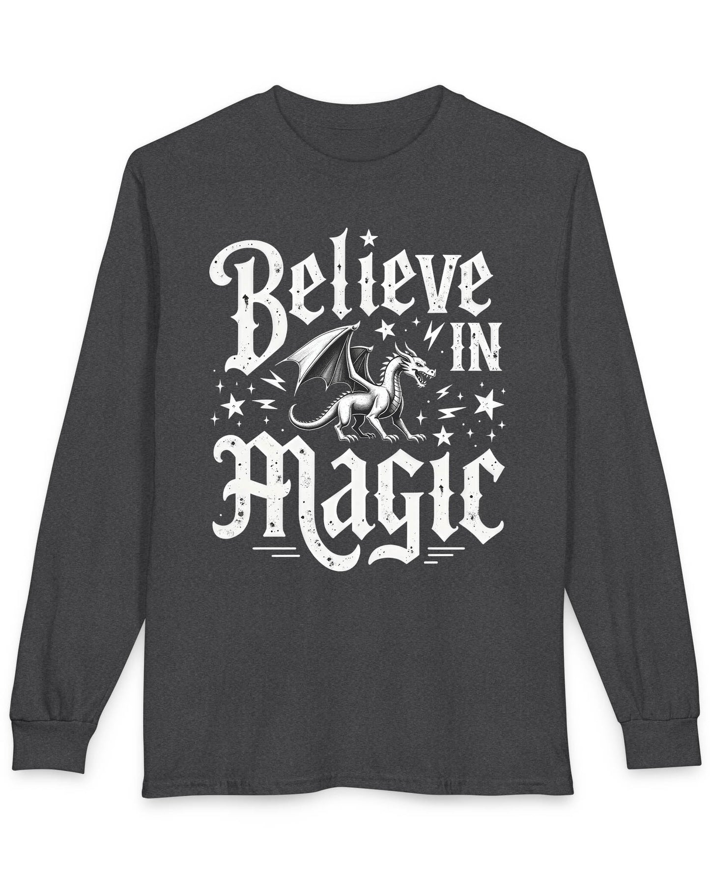 Believe in Magic shirt in dark heather featuring bold text and a dragon surrounded by stars and lightning bolts