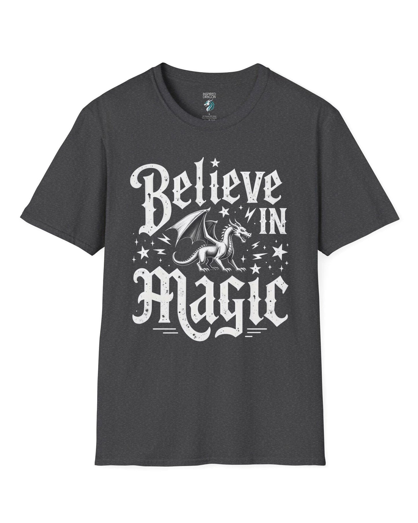 Believe in Magic shirt in dark heather grey, featuring bold text and a dragon surrounded by stars and lightning bolts.
