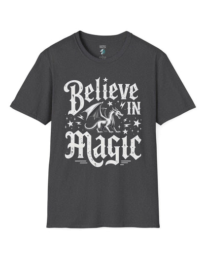 Believe in Magic shirt in dark heather grey, featuring bold text and a dragon surrounded by stars and lightning bolts.
