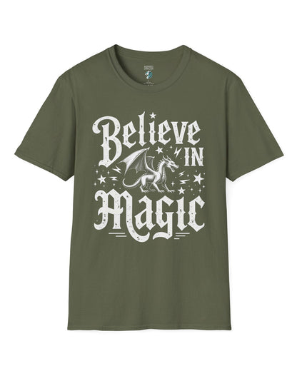 Believe in Magic shirt in military green, featuring bold text and a dragon surrounded by stars and lightning bolts.

