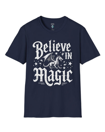 Believe in Magic shirt in navy, featuring bold text and a dragon surrounded by stars and lightning bolts.
