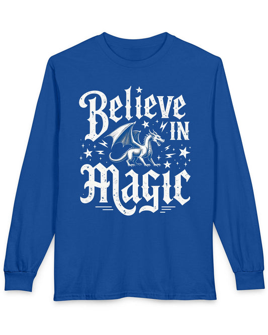 Believe in Magic shirt in royal blue featuring bold text and a dragon surrounded by stars and lightning bolts