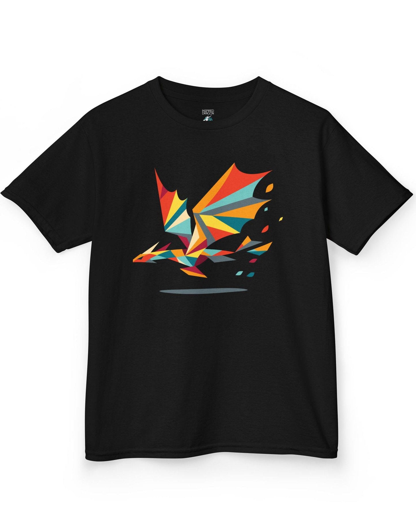 Geometry of Flight shirt in black featuring a colorful low-poly dragon flying with fragmented shapes trailing behind.