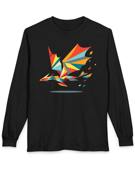 Geometry of Flight shirt in black featuring a colorful low-poly dragon flying with fragmented shapes trailing behind