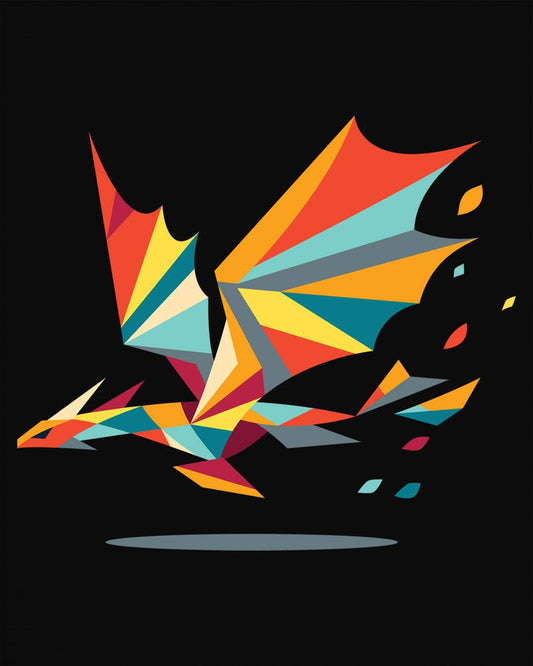 Geometry of Flight shirt in black featuring a colorful low-poly dragon flying with fragmented shapes trailing behind.