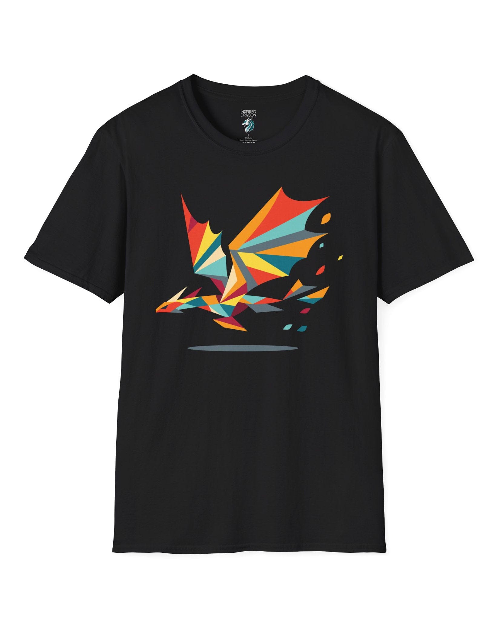 Geometry of Flight shirt in black featuring a colorful low-poly dragon flying with fragmented shapes trailing behind.
