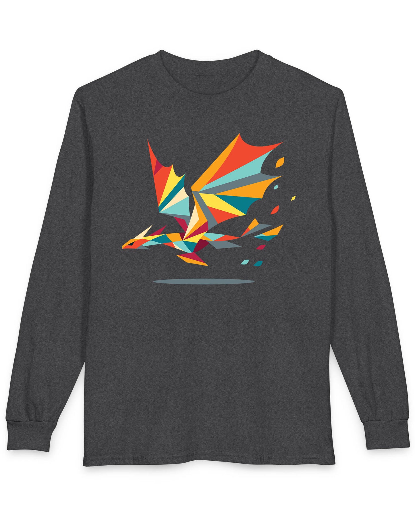 Geometry of Flight shirt in dark heather featuring a colorful low-poly dragon flying with fragmented shapes trailing behind