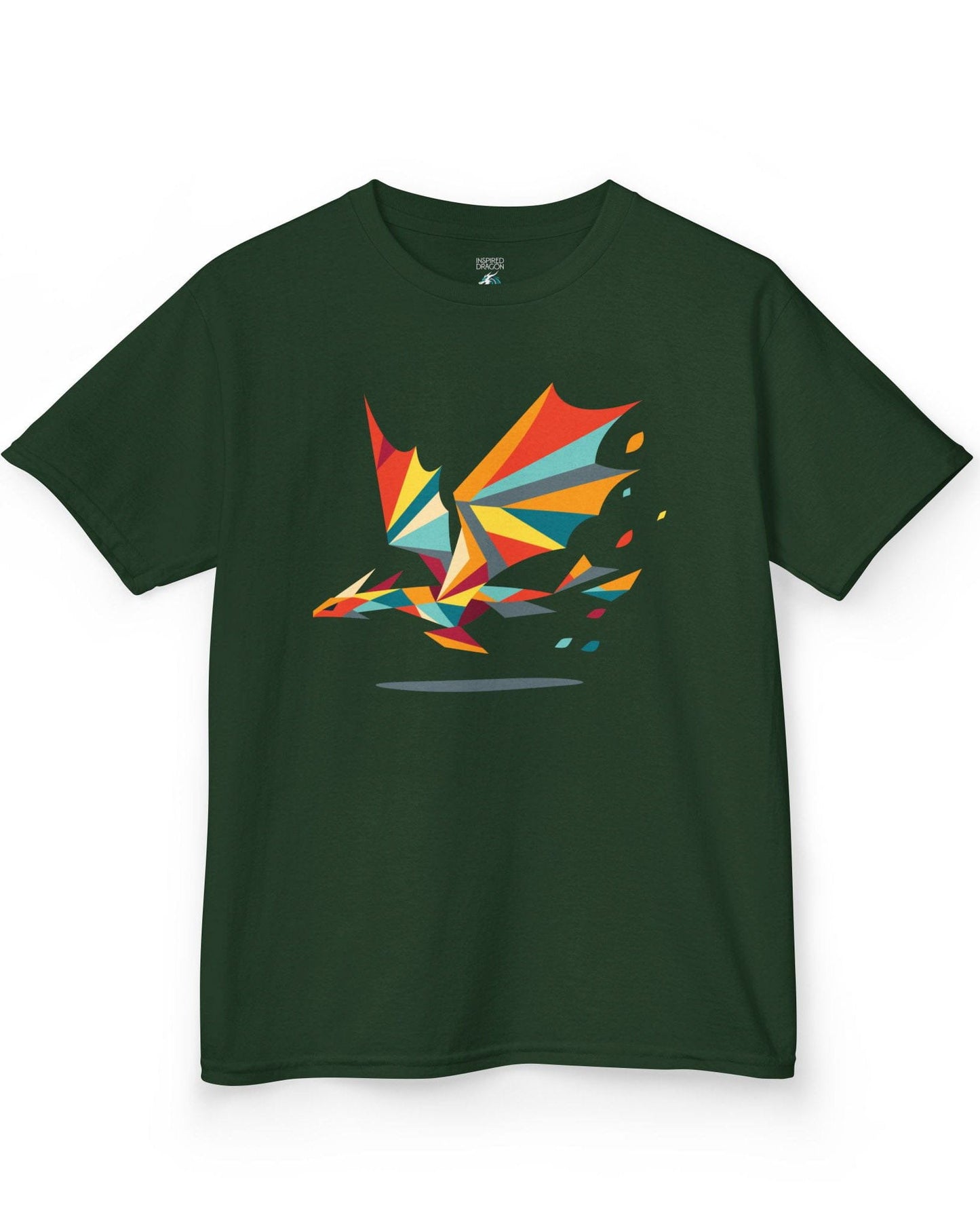 Geometry of Flight shirt in forest green featuring a colorful low-poly dragon flying with fragmented shapes trailing behind.