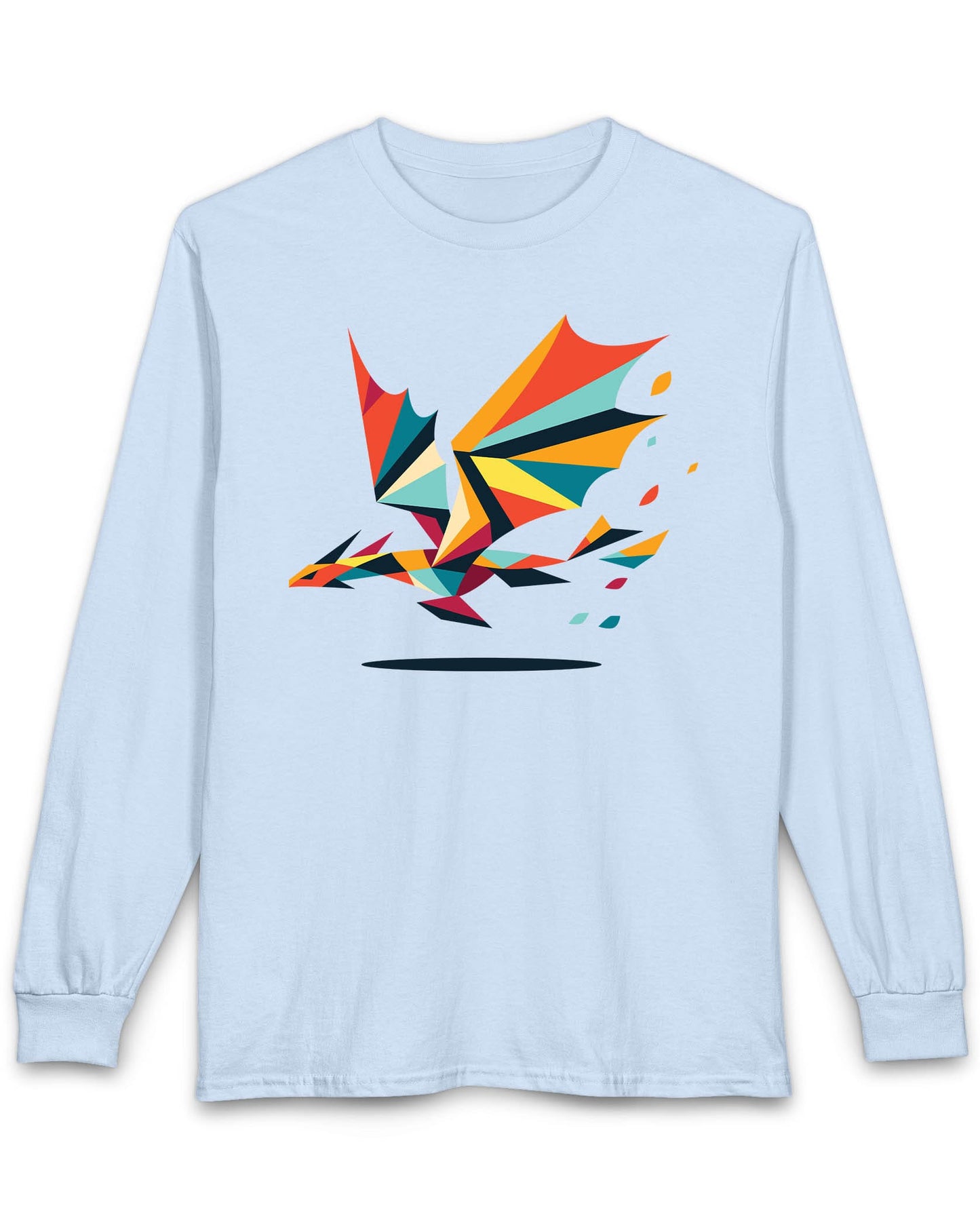 Geometry of Flight shirt in light blue featuring a colorful low-poly dragon flying with fragmented shapes trailing behind