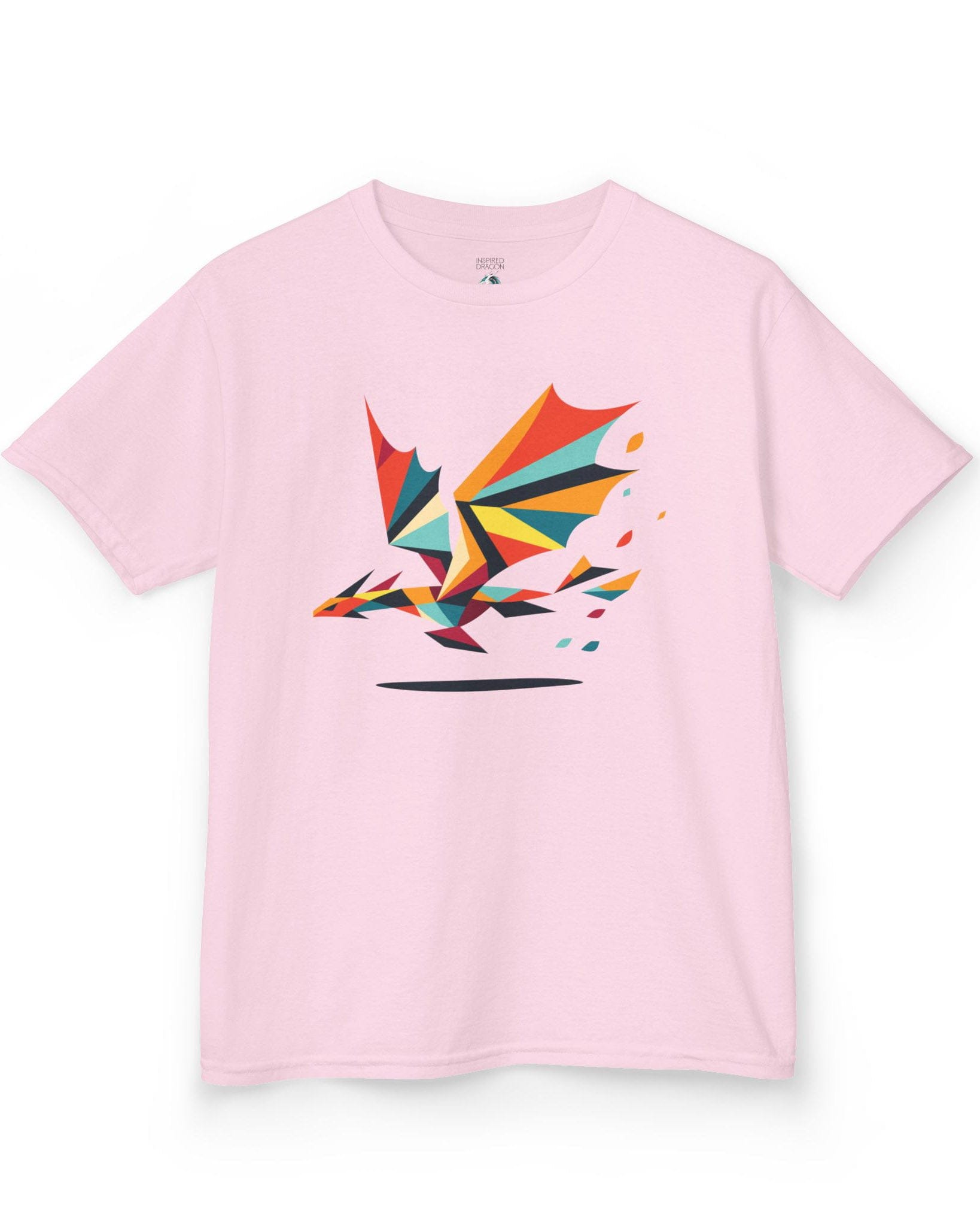 Geometry of Flight shirt in light pink featuring a colorful low-poly dragon flying with fragmented shapes trailing behind.