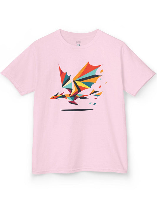Geometry of Flight shirt in light pink featuring a colorful low-poly dragon flying with fragmented shapes trailing behind.