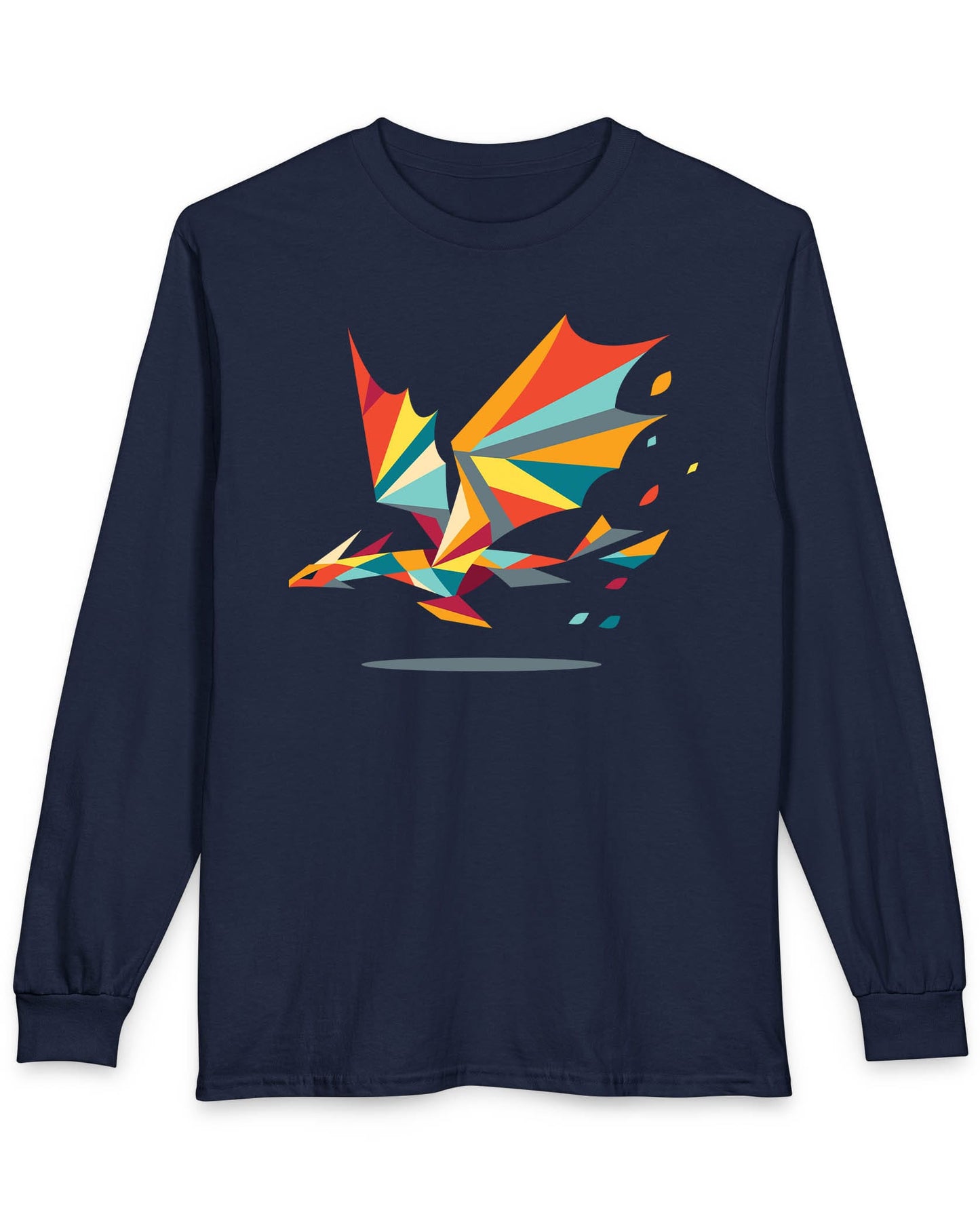 Geometry of Flight shirt in navy featuring a colorful low-poly dragon flying with fragmented shapes trailing behind