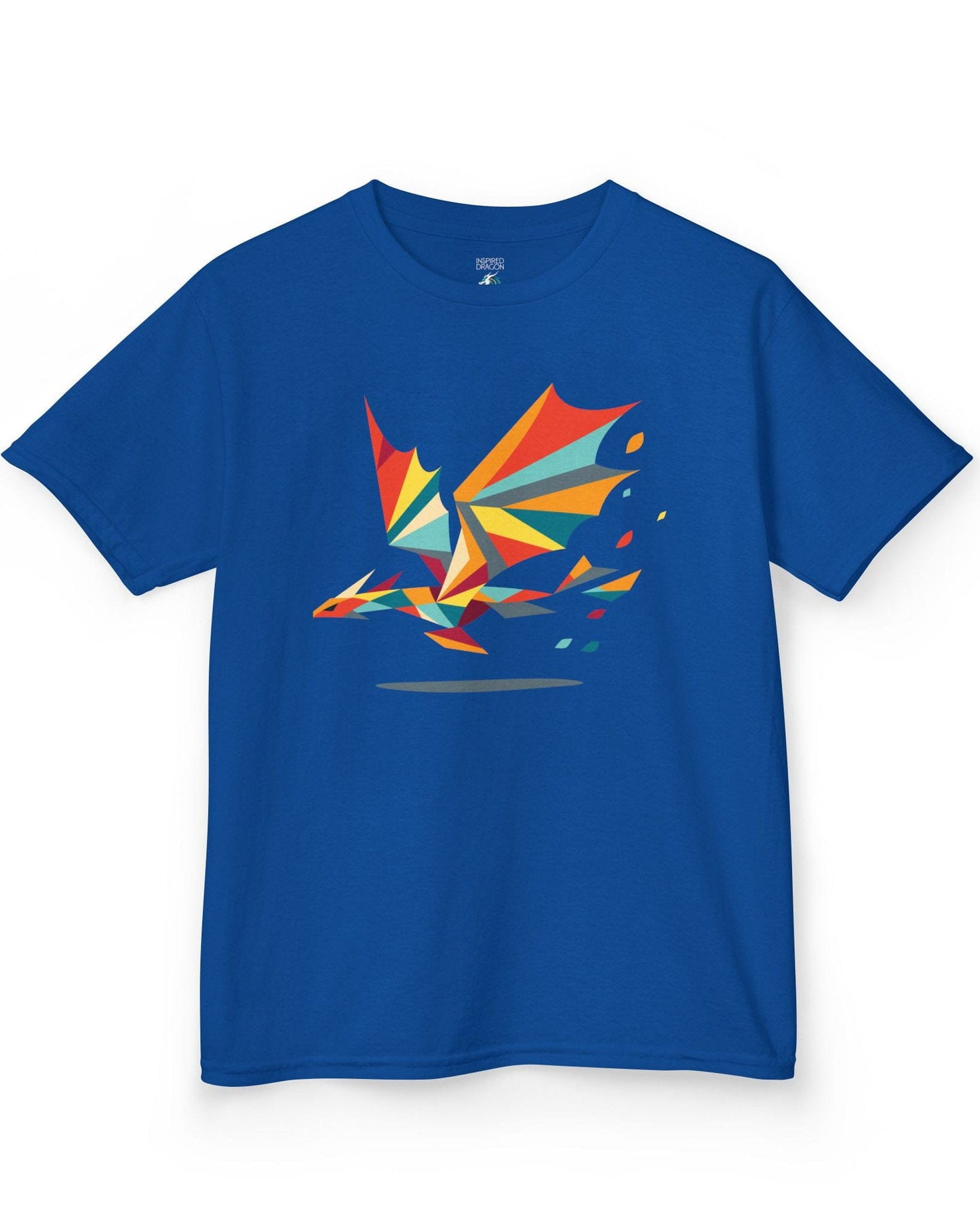 Geometry of Flight shirt in royal blue featuring a colorful low-poly dragon flying with fragmented shapes trailing behind.